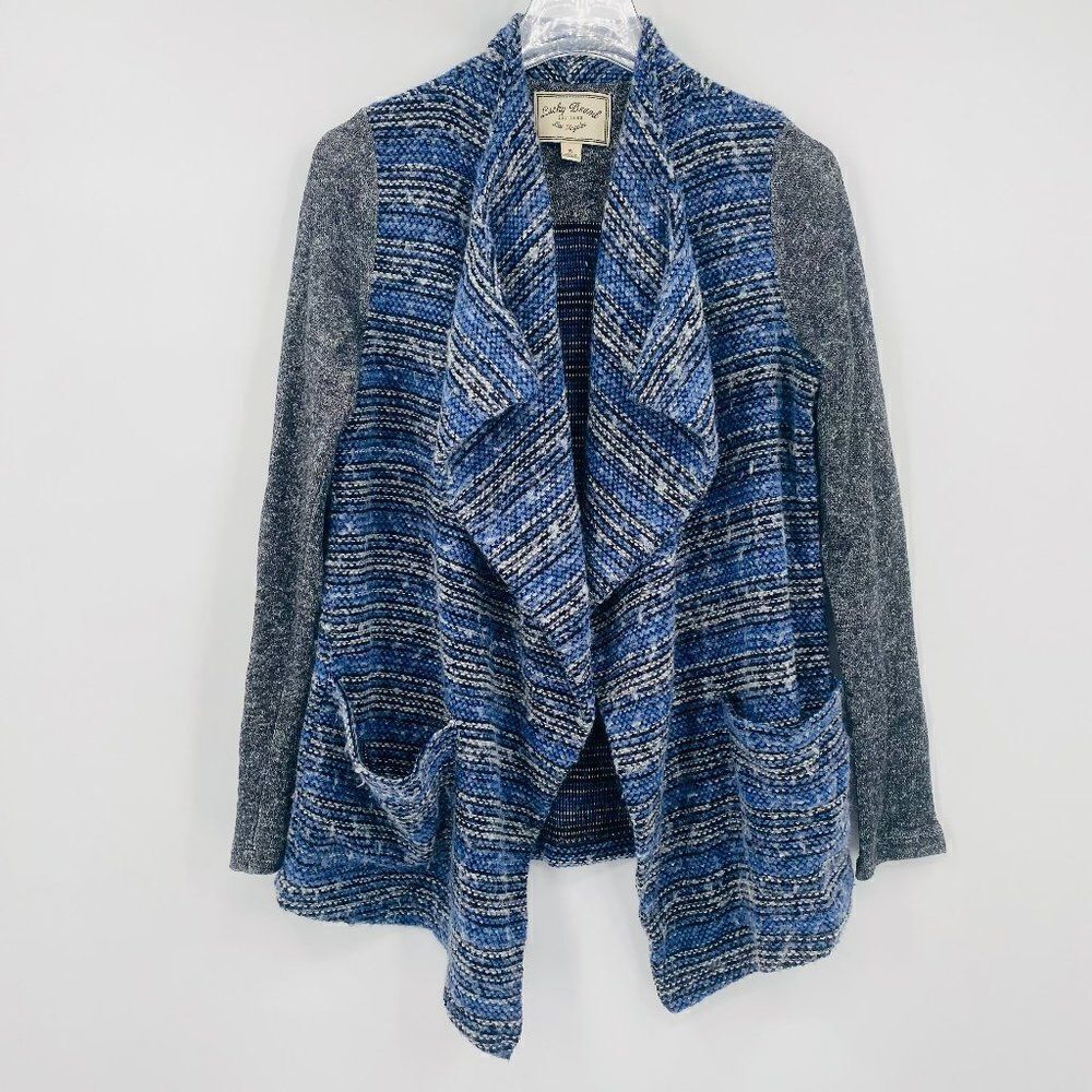 Lucky Brand Size Small Blue & Gray Striped Drapey Open Front Cardigan Sweater